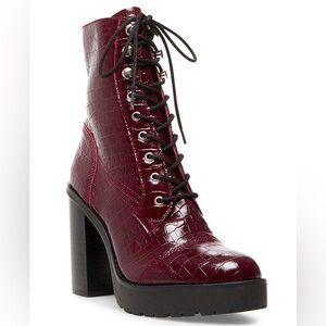Winnie Harlow x Steve Madden burgundy croc booties